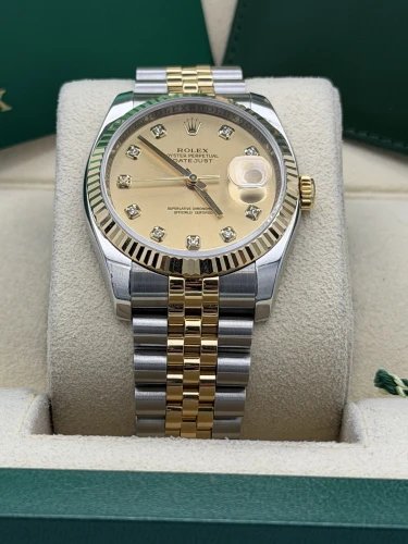 Rolex Datejust 36mm, 116233, bi metal, champ dia dot dial, fluted, jubilee, 2010
