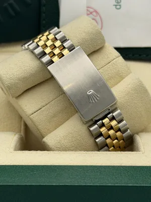 Rolex Datejust 36mm 16233 white arabic dial, yellow gold fluted bezel, bi metal jubilee bracelet
