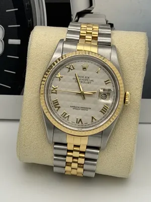 Rolex Datejust 36mm 16233 white arabic dial, yellow gold fluted bezel, bi metal jubilee bracelet