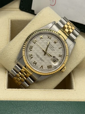 Rolex Datejust 36mm 16233 white arabic dial, yellow gold fluted bezel, bi metal jubilee bracelet