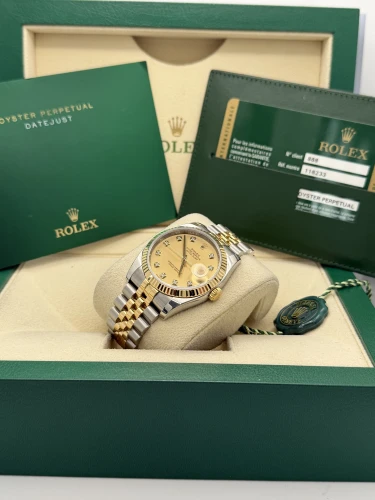 Rolex Datejust 36mm, 116233, bi metal, champ dia dot dial, fluted, jubilee, 2010