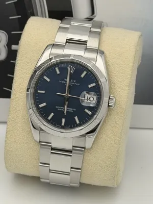 Rolex Oyster Perpetual date 34mm 115210 blue baton dial, engine turned bezel, oyster, 2008