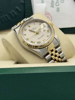 Rolex Datejust 36mm 16233 white arabic dial, yellow gold fluted bezel, bi metal jubilee bracelet