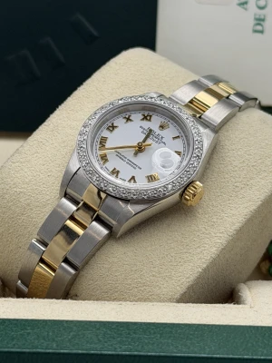 Rolex Datejust 26mm 79163 bi metal oyster, white roman dial, diamond bezel, 2003