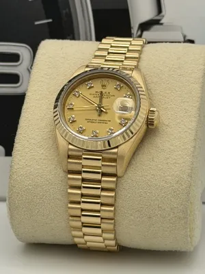 Rolex Datejust 26mm 69178 champagne dia dot dial, yellow gold case, fluted bezel and president bracelet 1996