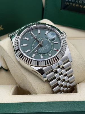 Rolex Sky-Dweller 42mm, 336934, mint green dial, white gold fluted bezel, stainless steel jubilee bracelet.2026 unworn