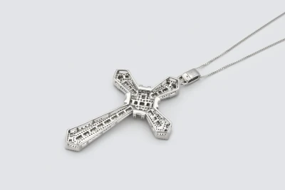 9ct White Gold Diamond Cross Pendant Necklace (Large) 3.93ct Brilliant Cut Illusion Set