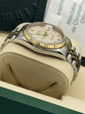 Rolex Datejust 36mm 16233 white arabic dial, yellow gold fluted bezel, bi metal jubilee bracelet