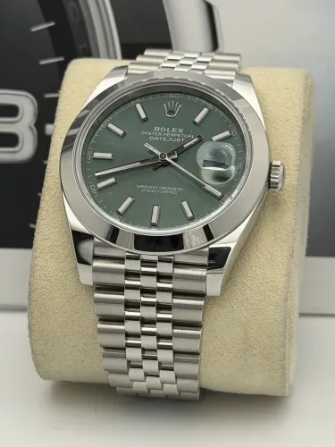 Rolex Datejust 41mm 126300 mint green baton dial, smooth bezel, jubilee bracelet, 2026 unworn