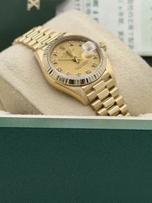 Rolex Datejust 26mm 69178 champagne dia dot dial, yellow gold case, fluted bezel and president bracelet 1996