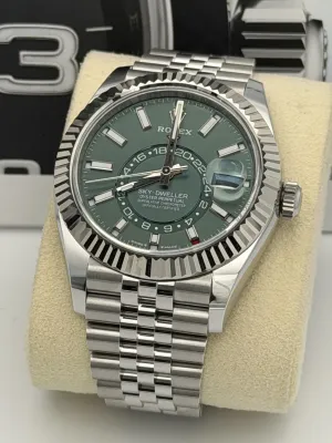 Rolex Sky-Dweller 42mm, 336934, mint green dial, white gold fluted bezel, stainless steel jubilee bracelet.2026 unworn