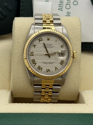 Rolex Datejust 36mm 16233 white arabic dial, yellow gold fluted bezel, bi metal jubilee bracelet