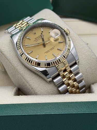 Rolex Datejust 36mm, 116233, bi metal, Champ baton dial, fluted, jubilee, 2011