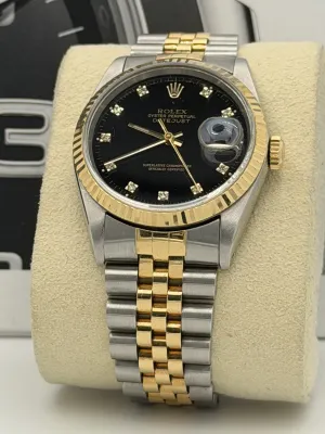 Rolex Datejust 36mm 16233 bi metal jubilee bracelet black diamond dial 1992