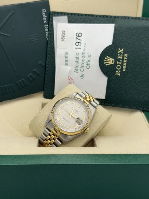 Rolex Datejust 36mm 16233 white arabic dial, yellow gold fluted bezel, bi metal jubilee bracelet