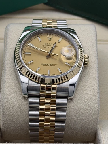 Rolex Datejust 36mm, 116233, bi metal, Champ baton dial, fluted, jubilee, 2011