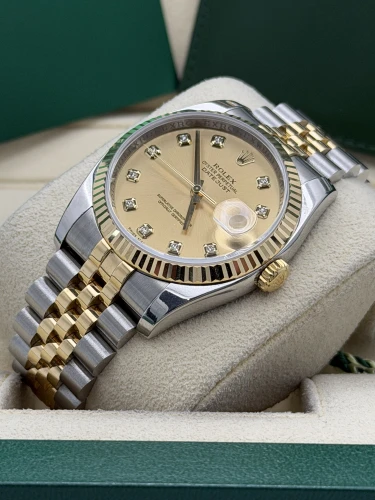 Rolex Datejust 36mm, 116233, bi metal, champ dia dot dial, fluted, jubilee, 2010
